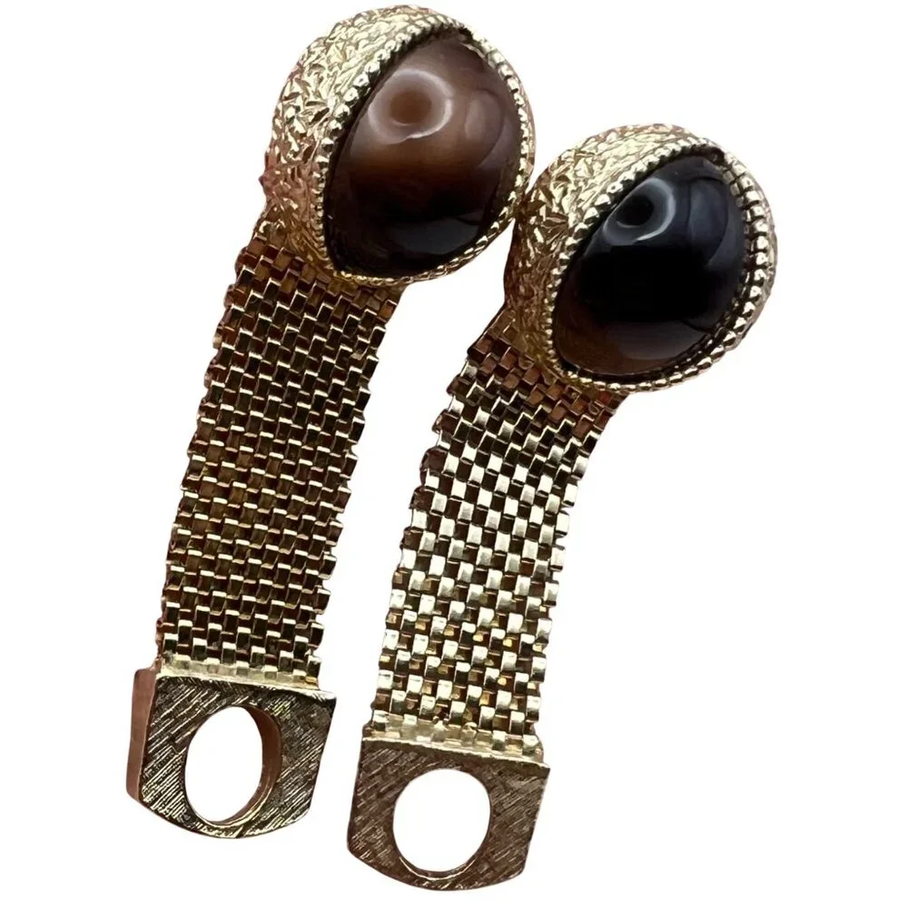Vintage Swank Cufflinks Gold-Tone Mesh Wraparound Brown Cats Eye Stone MCM
